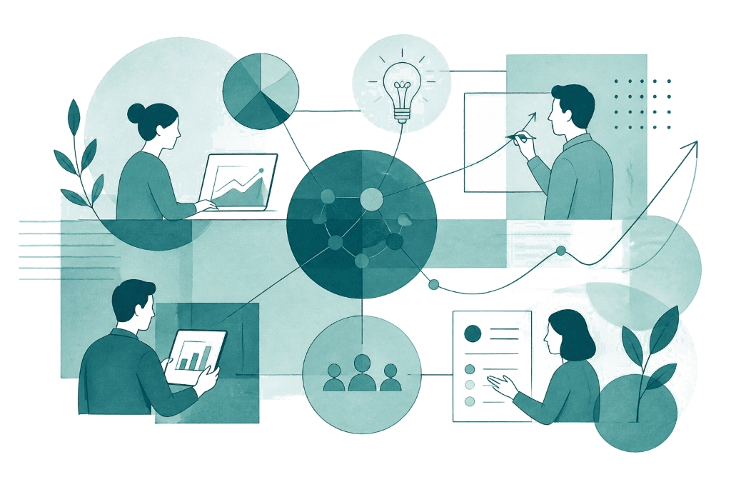 Flat illustration of teams connected through one unified deep-teal business platform
